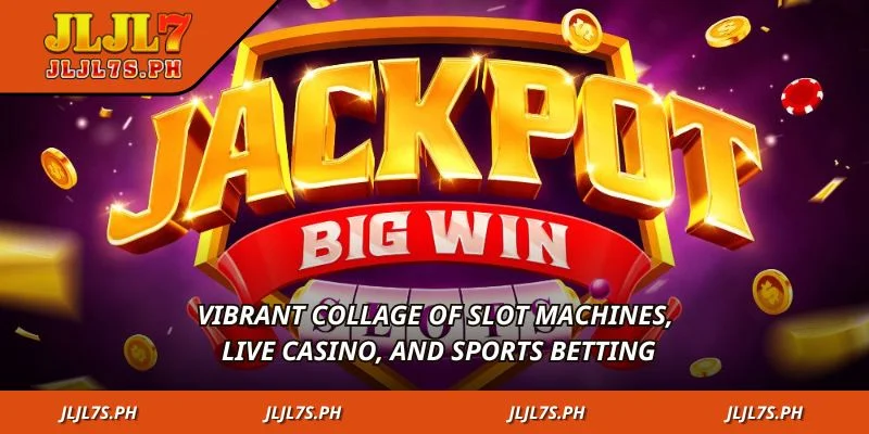 Vibrant collage of slot machines, live casino, and sports betting