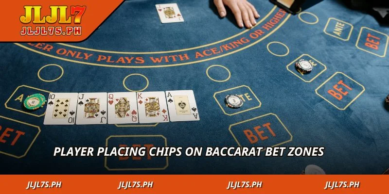 Player placing chips on baccarat bet zones