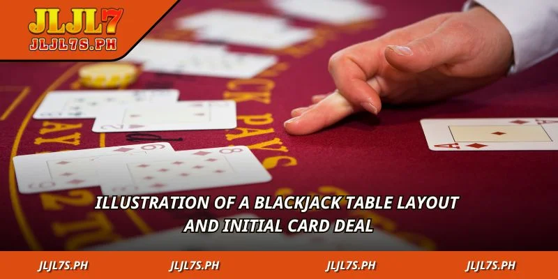 Illustration of a blackjack table layout and initial card deal