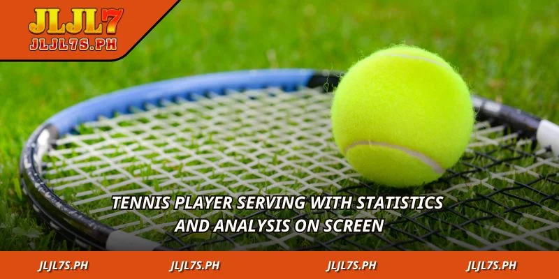 Tennis player serving with statistics and analysis on screen