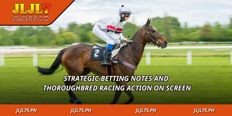 Strategic betting notes and thoroughbred racing action on screen