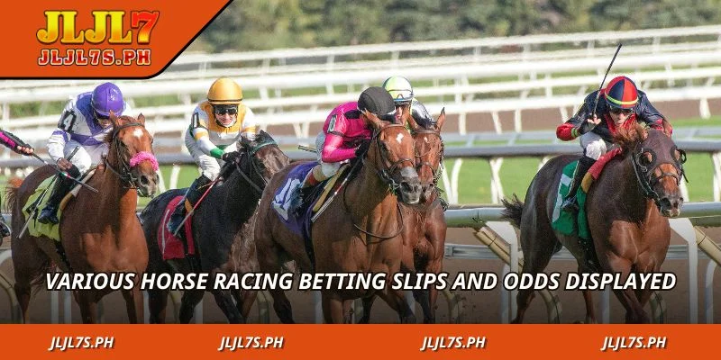 Various horse racing betting slips and odds displayed